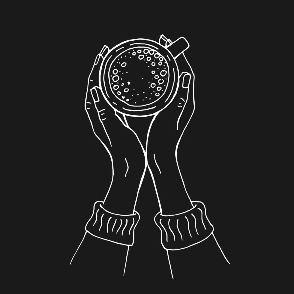 Hand drawn sketch of hands holding a cup of coffee, tea etc. Vector illustration isolated on black background.
