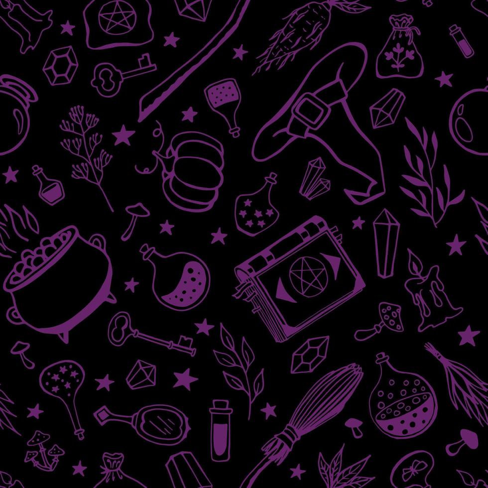 Seamless pattern with hand drawn magic tools, concept of witchcraft. Witchcraft, magic background for witches and wizards. vector