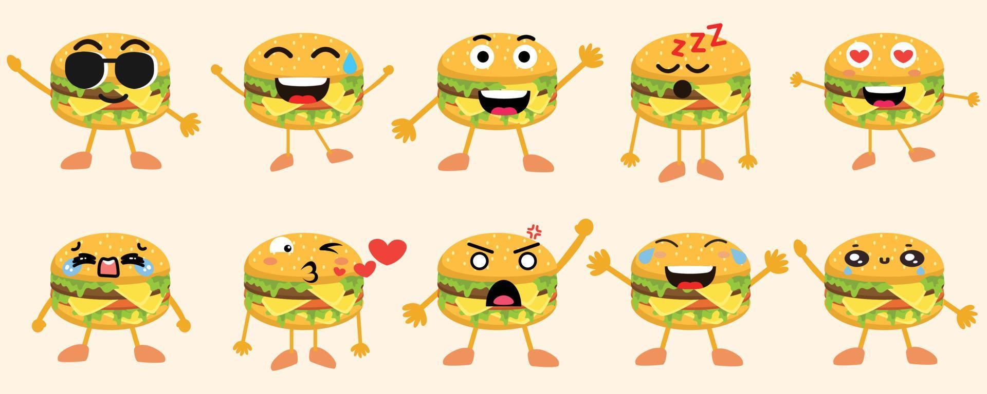 linda hamburguesa personaje emoticon conjunto vector