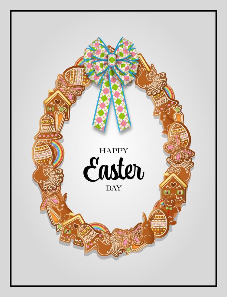 easter card with egg shaped frame with gingerbread cookies vector
