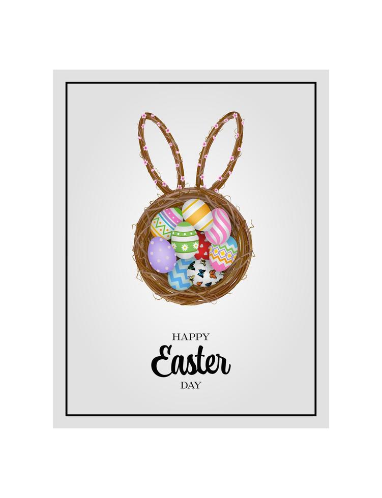 easter card with colorful eggs in the nest with rabbit ears vector