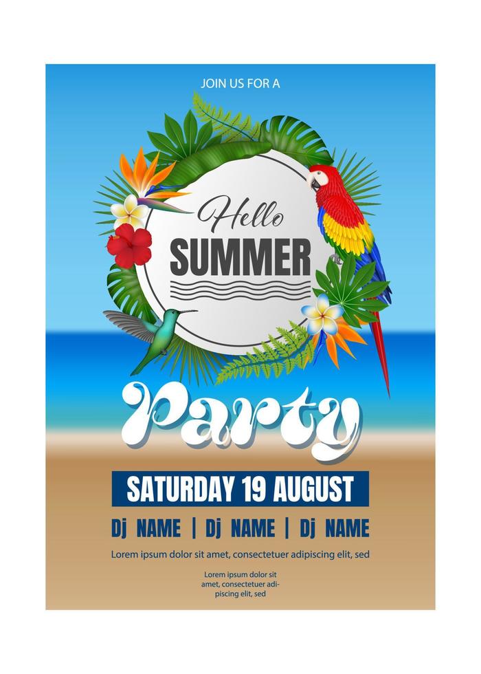 hello summer party poster with tropical plants and birds on beach landscape. summer party flyer vector