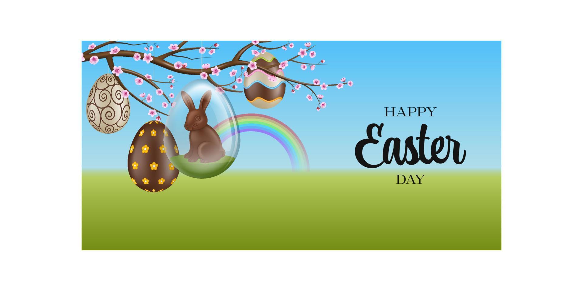 easter banner with chocolate eggs and chocolate rabbit in a glass egg. easter banner with chocolate eggs on spring background vector