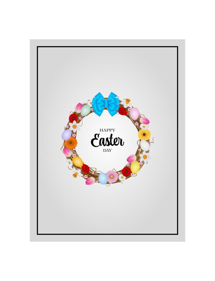easter card with round frame. easter wreath with branches, eggs and flowers vector