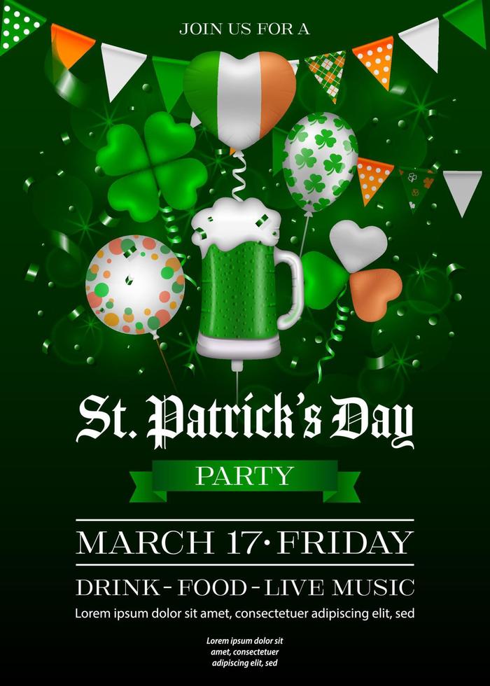 saint patrick's day poster with party balloons confetti and pennants. patrick flyer vector