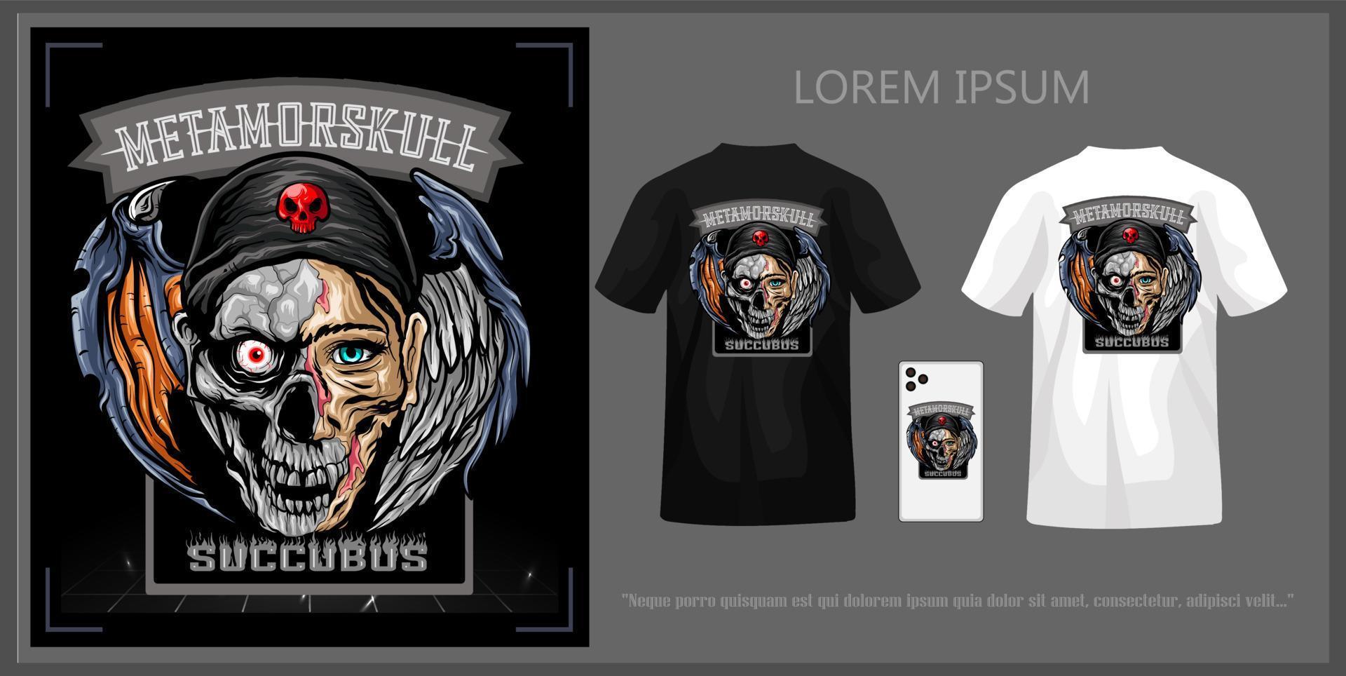 Winged succubus head illustration t-shirt design with skull complete with mock up. vector