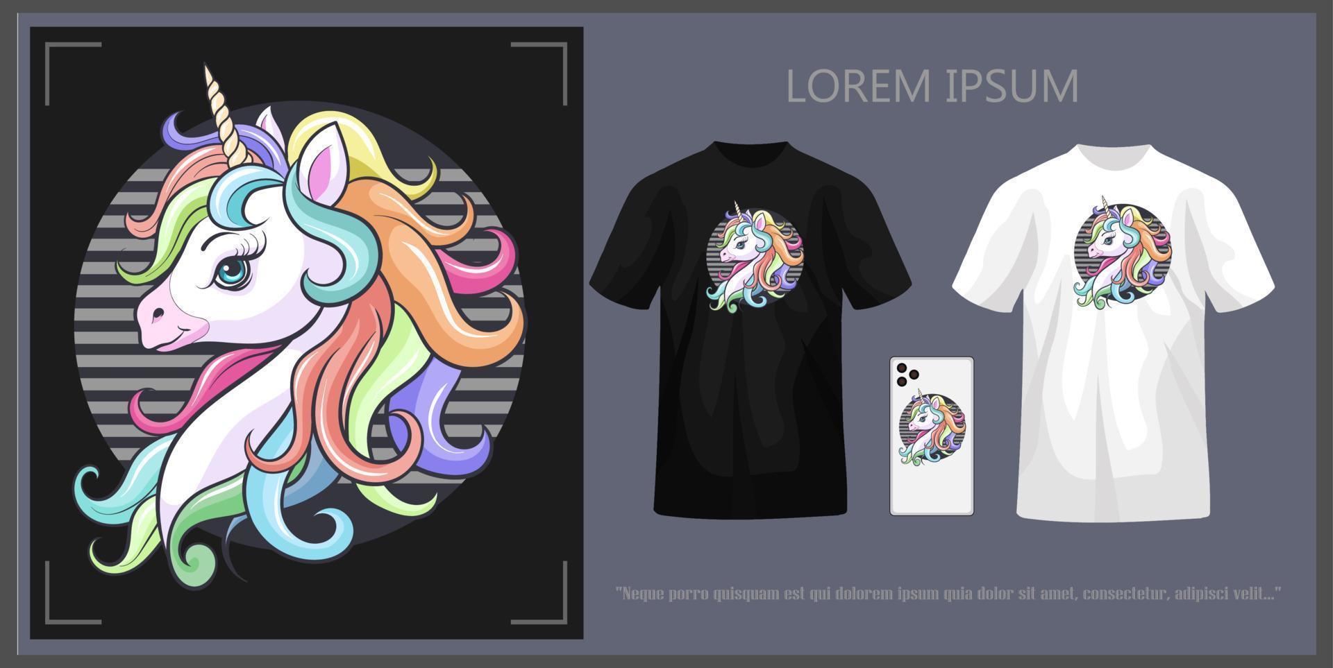 Beautiful unicorn head t-shirt design, complete with mockup. vector