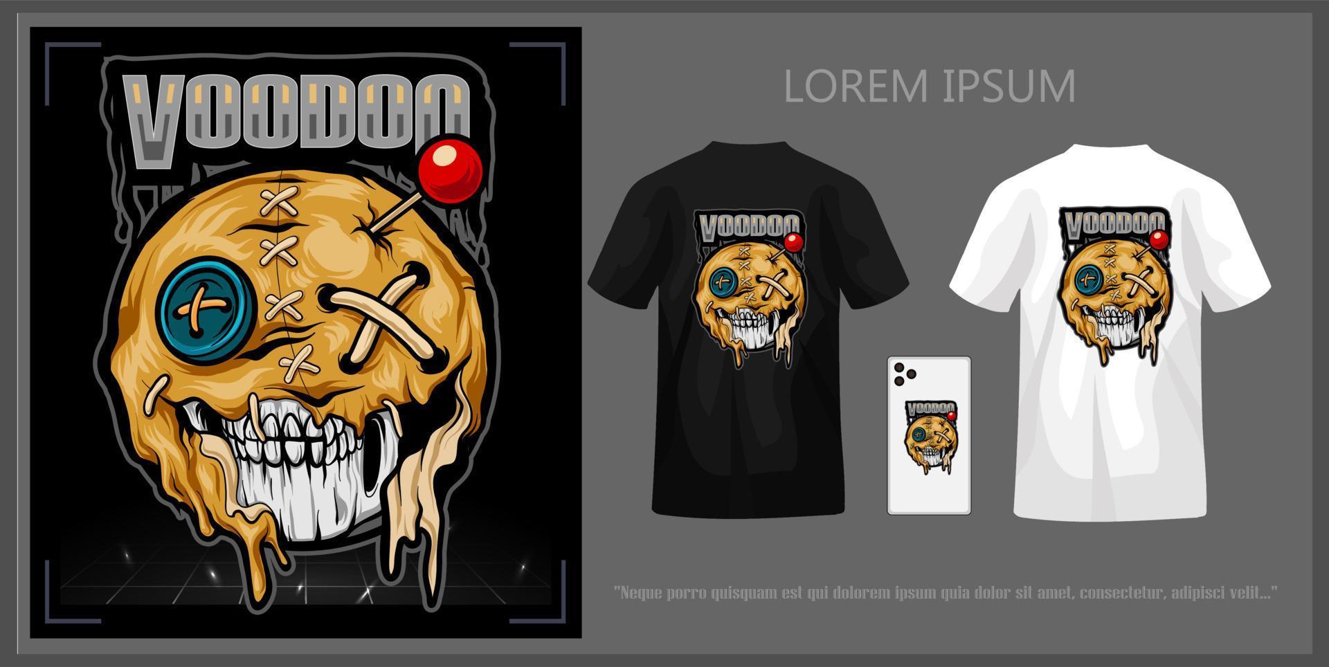 Voodoo masked skull doll illustration t-shirt design complete with mockup. vector