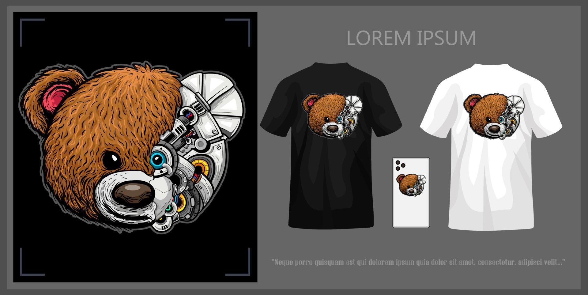 Robot teddy bear head illustration t-shirt design complete with mockup. vector