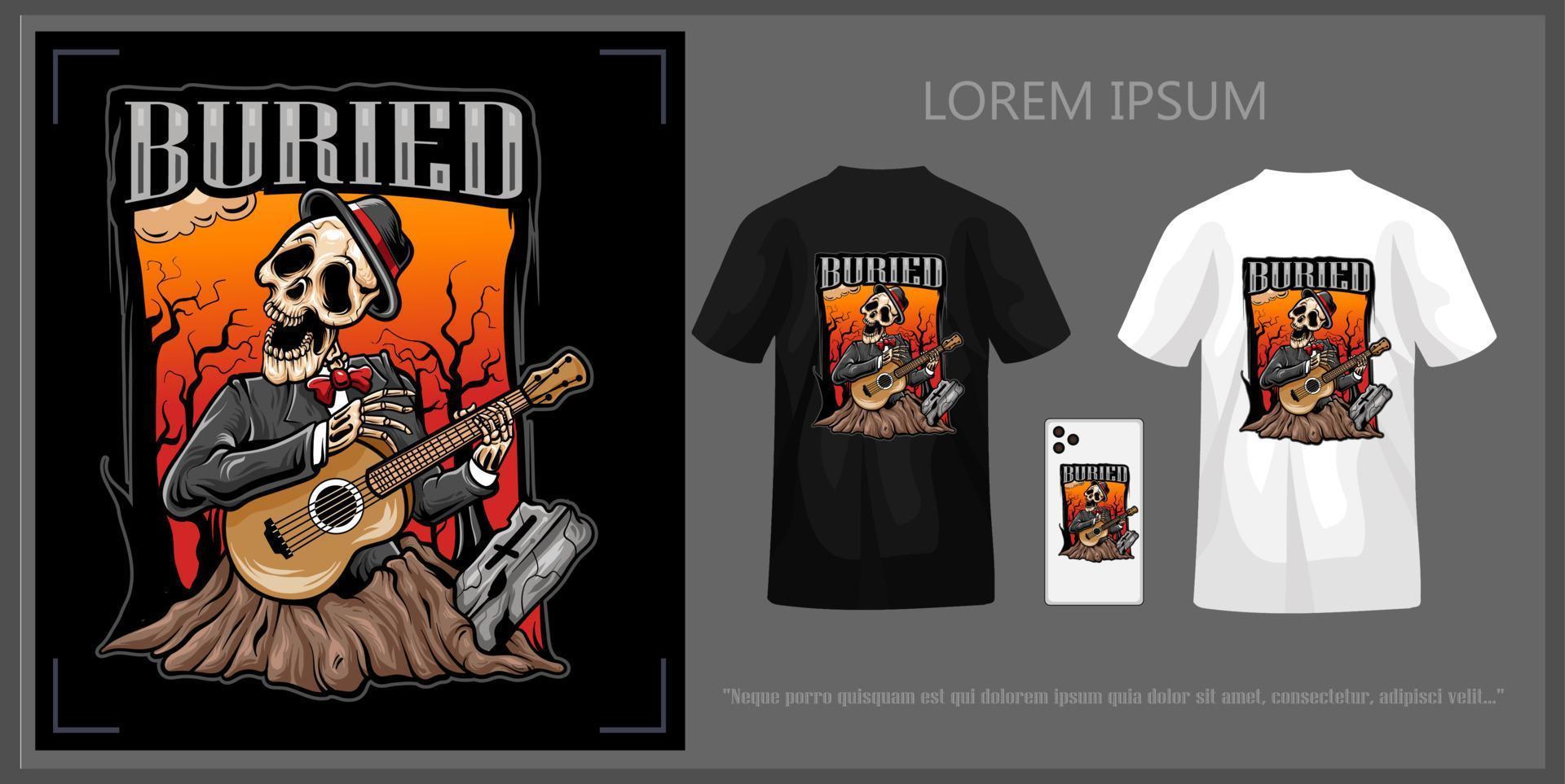 T-shirt design illustration of a skull in a suit playing an acoustic guitar over a graveyard complete with mockup. vector