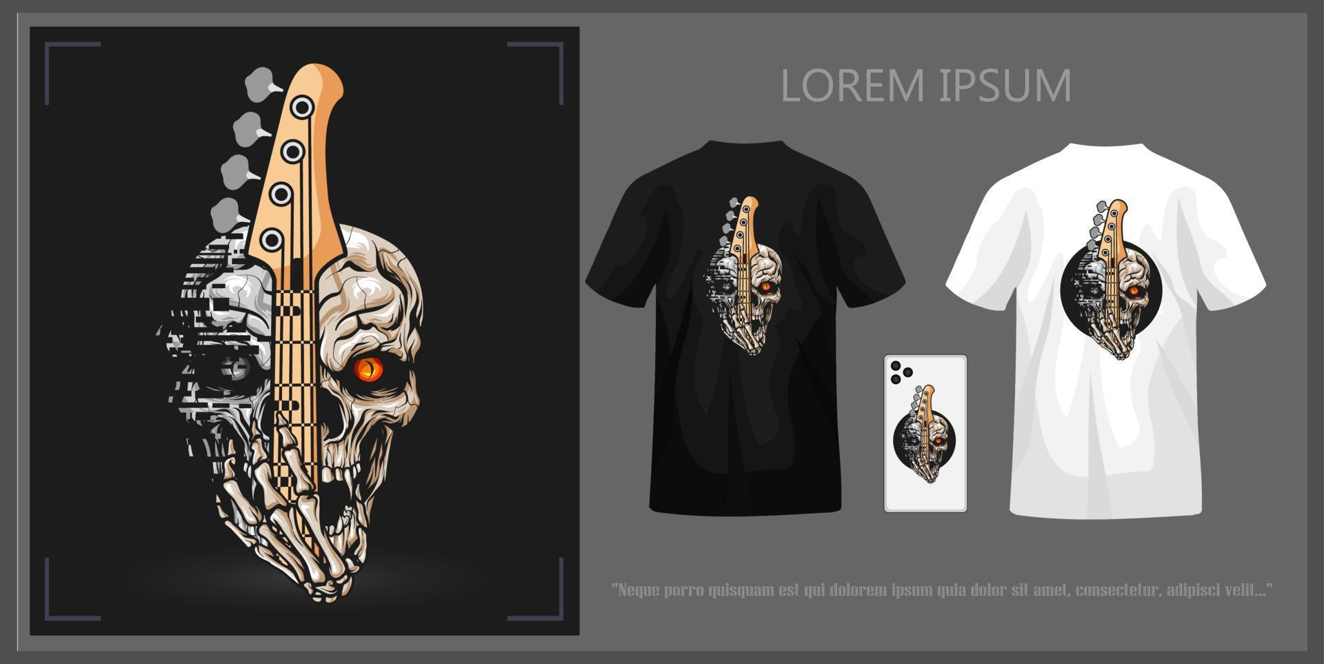 Skull head t-shirt design holding bass complete with mockup. vector