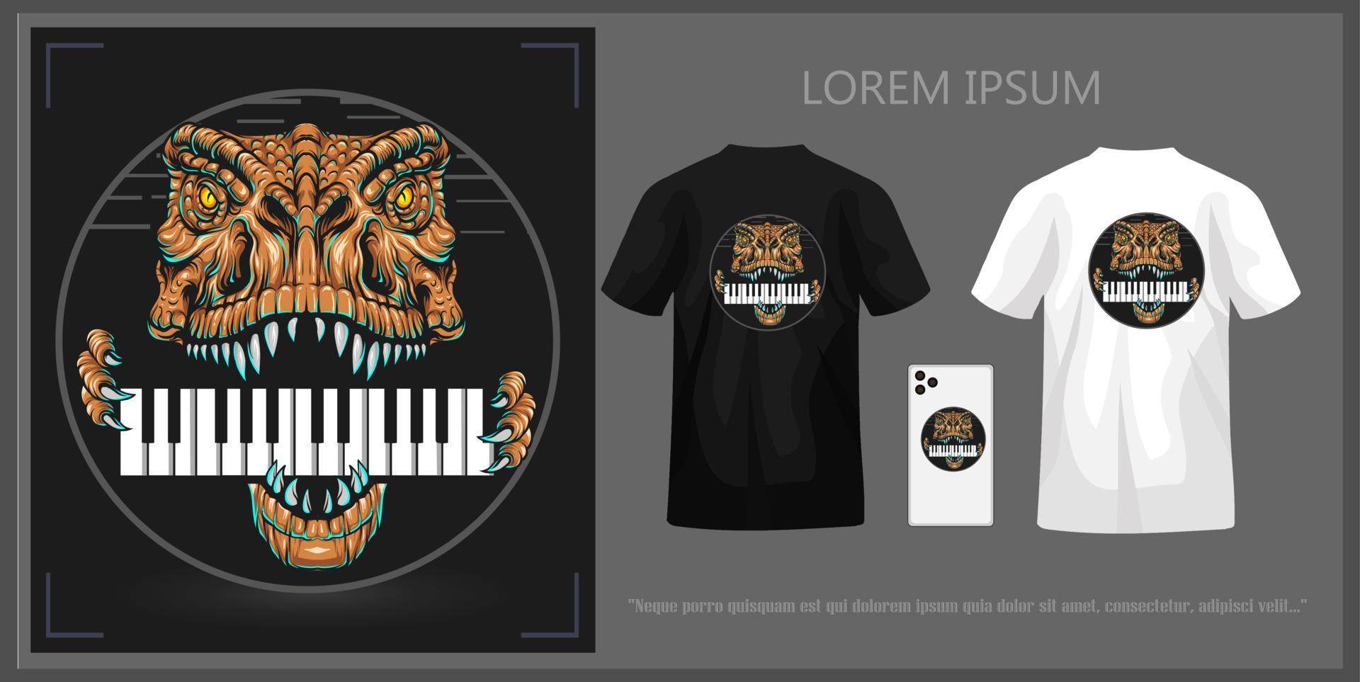 Dinosaur head biting piano t-shirt design, complete with mockup. vector
