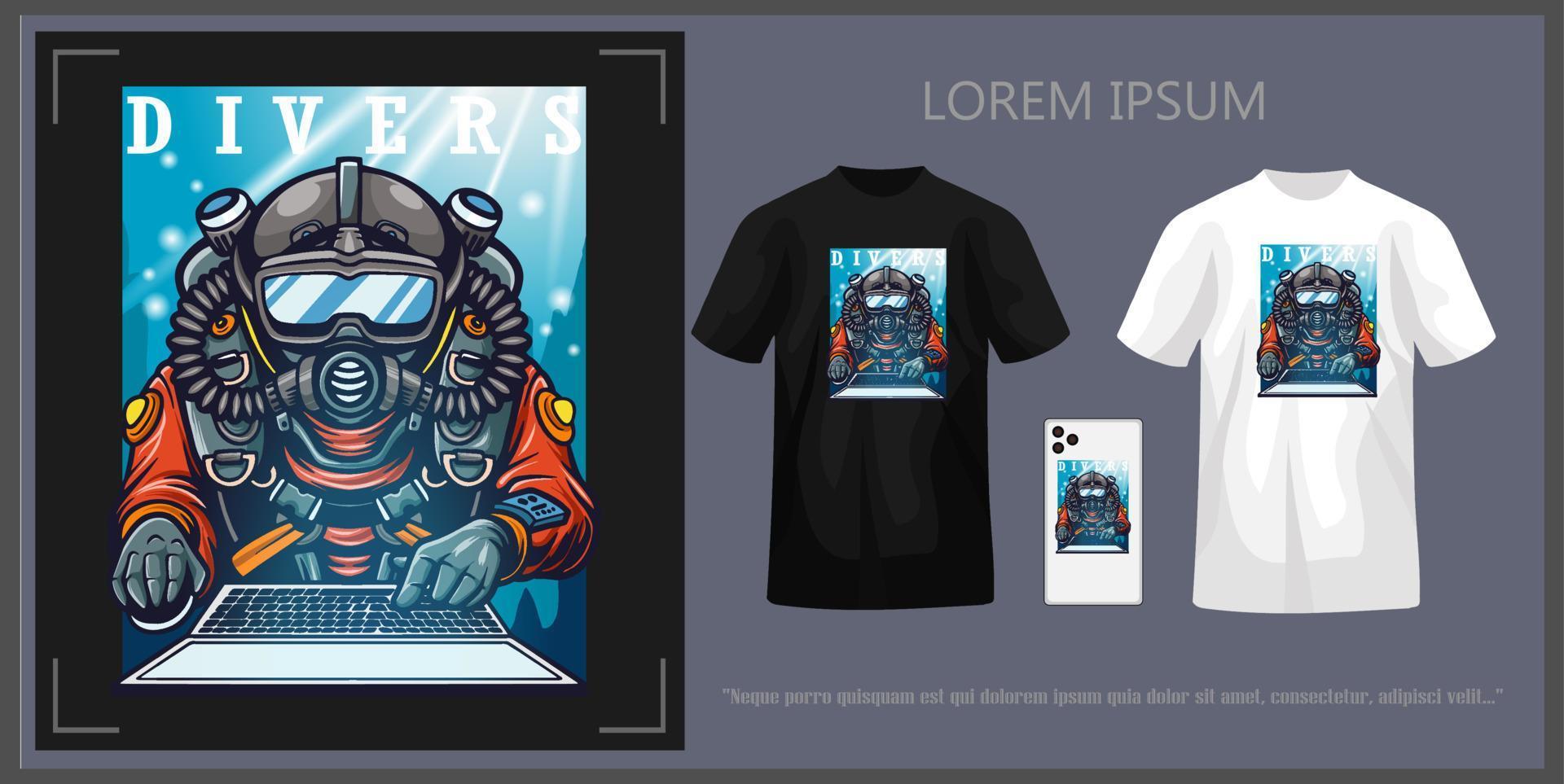 T-shirt design of a diver using a laptop in the water, complete with mockup. vector