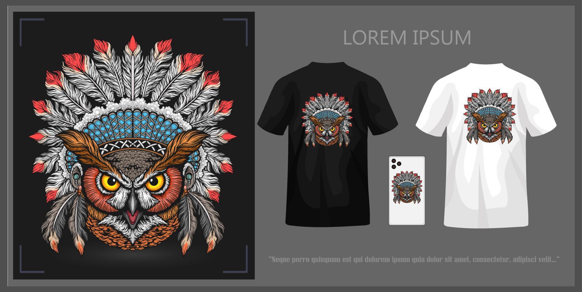 Tribal chief owl t-shirt design, complete with mockup. vector