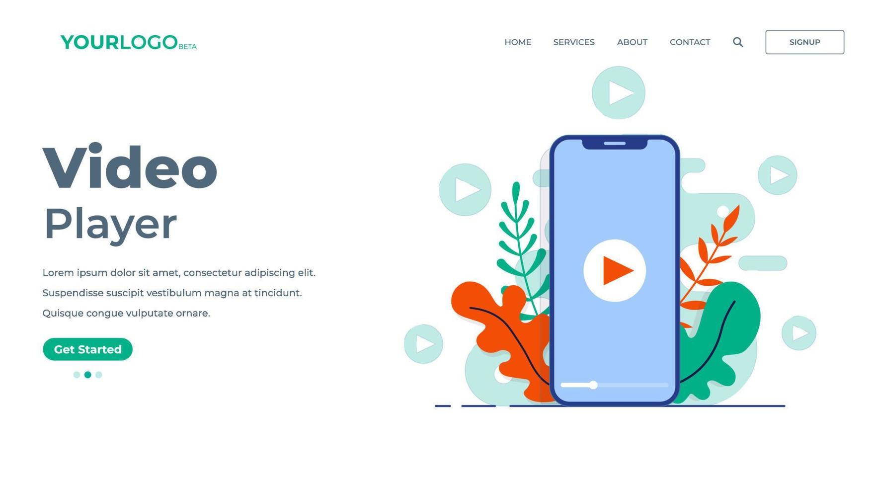 Video player screen on smartphone flat illustration for landing page, UI, mobile app, Education, or e-learning and video tutorial vector