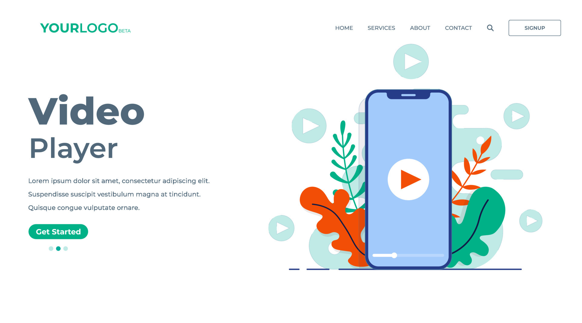 Video player screen on smartphone flat illustration for landing page