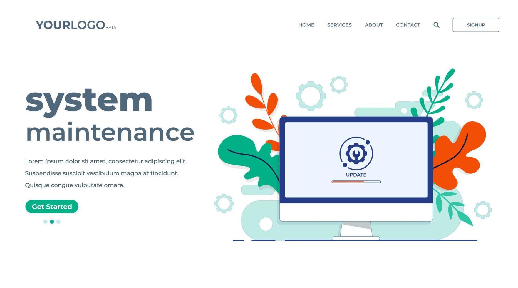 Desktop computer with update screen, System maintenance, update process, install software, operating system, flat vector illustration landing page