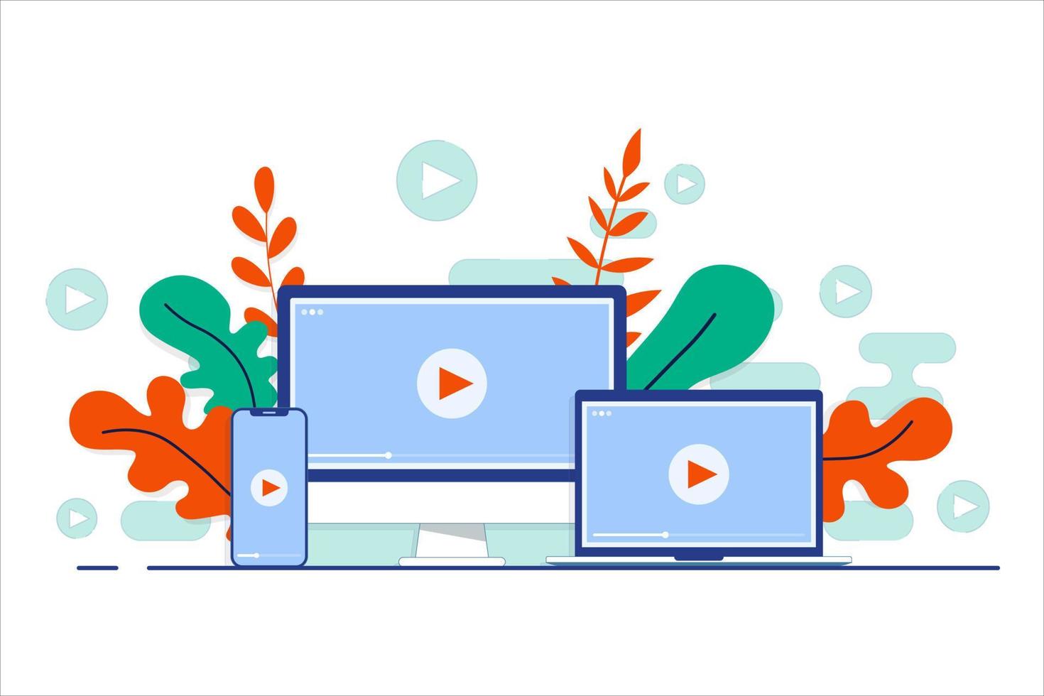 vídeo jugador pantalla en escritorio computadora, computadora portátil, teléfono inteligente plano ilustración para educación, e-learning y vídeo tutorial vector
