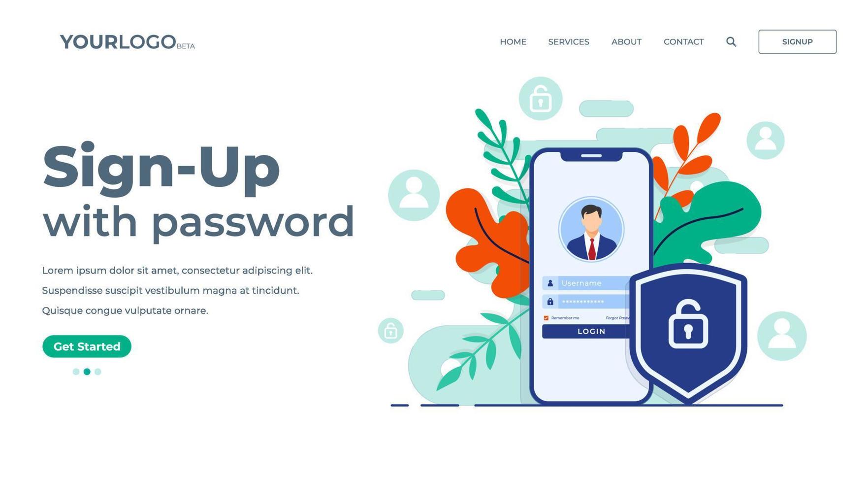 Online registration or sign up user interface screen on smartphone. Secure login, password protection concept for landing page, UI, mobile app vector