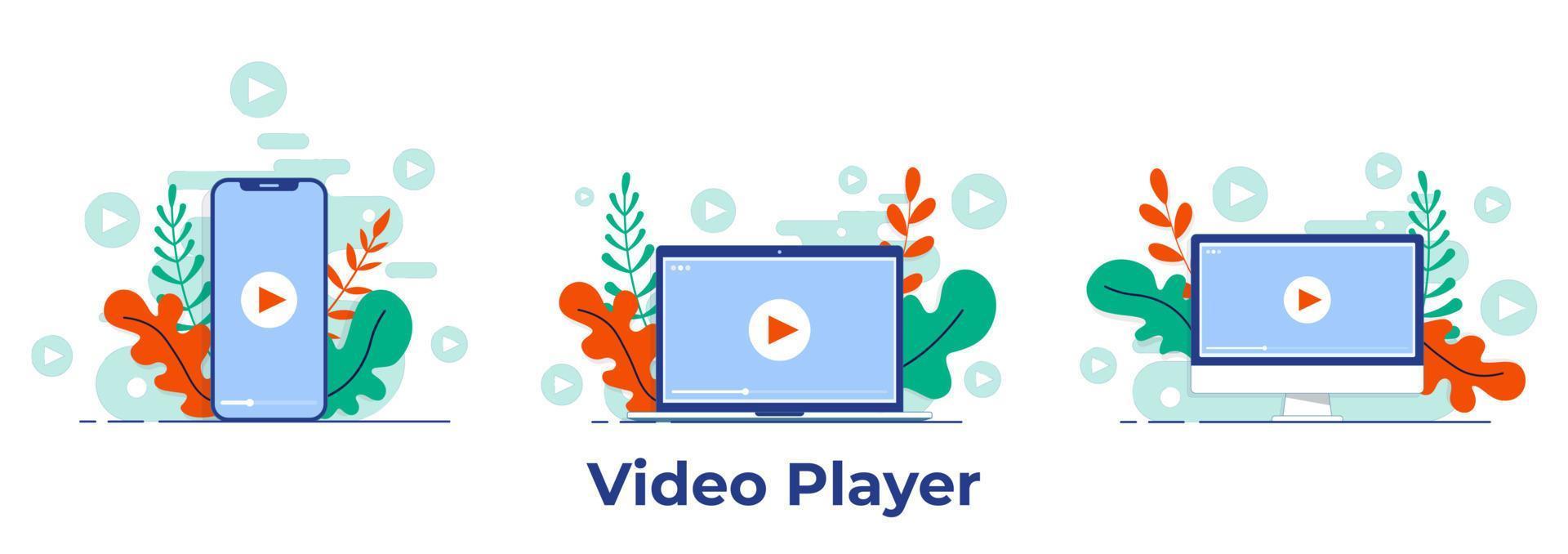 Video player screen on desktop computer, laptop, smartphone flat illustration for landing page, UI, mobile app, Education, or e-learning and video tutorial vector