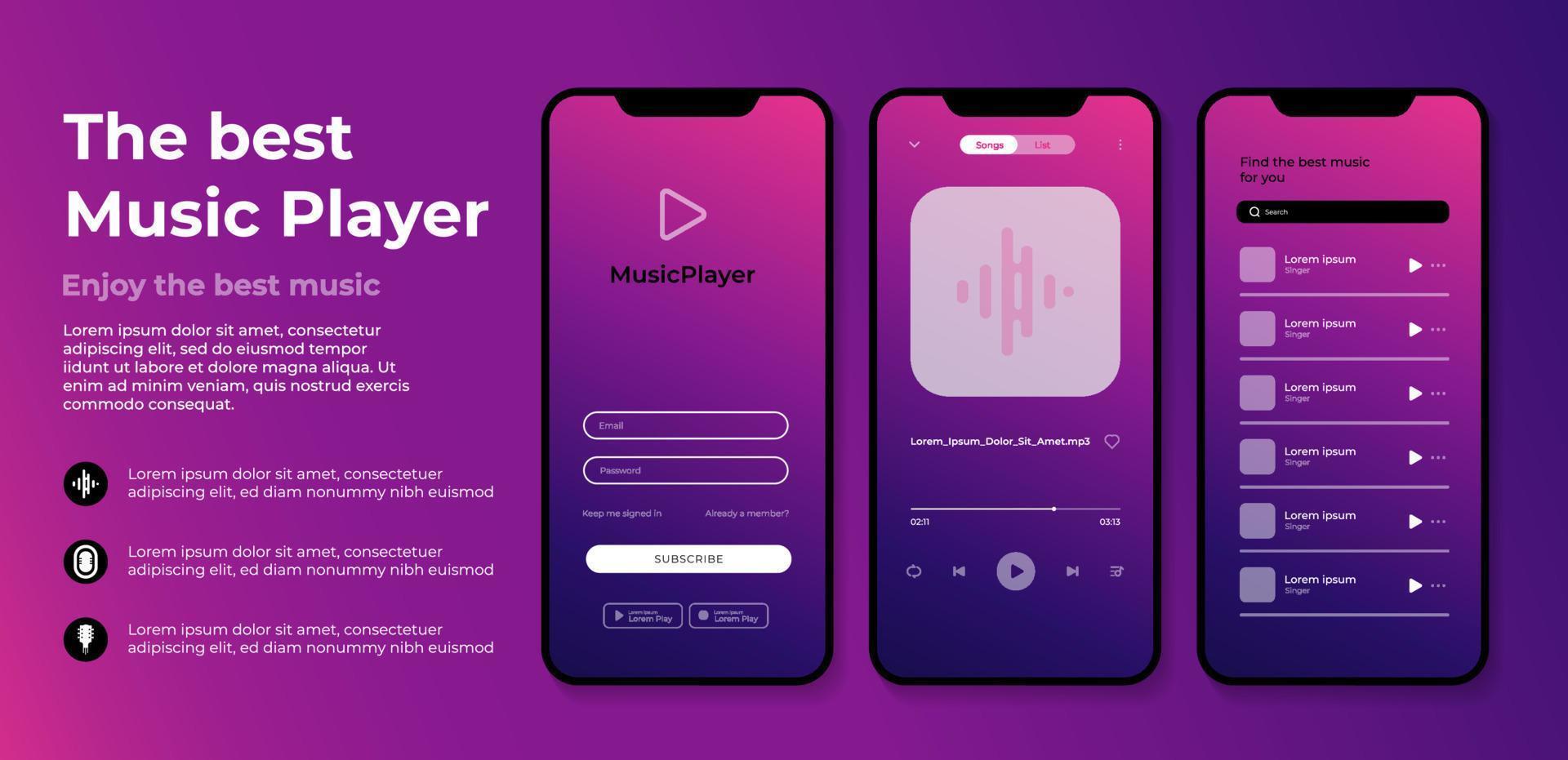 Smartphone music player app interface design template vector