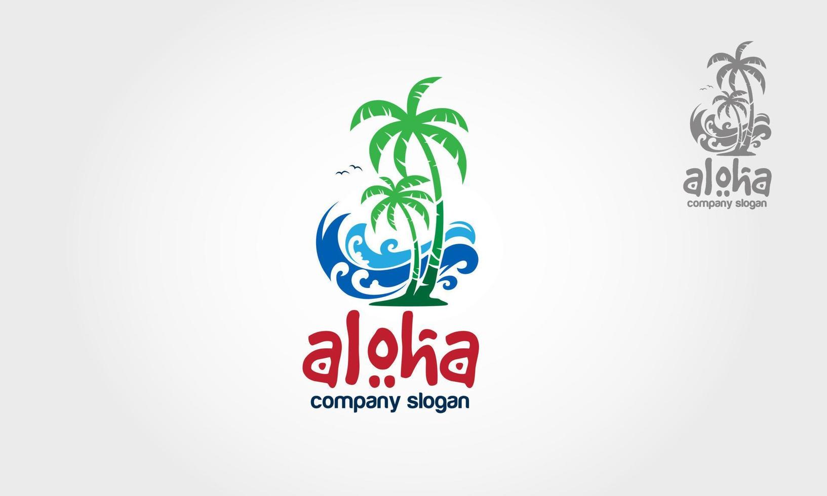 Aloha Vector Logo Template. Water ocean waves with Palm concept for beach Bar and Restaurant.