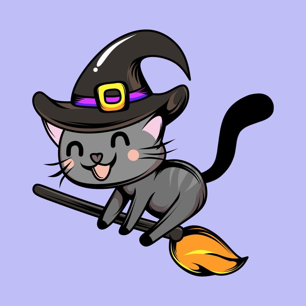 cat  witch broom fly to the moon vector