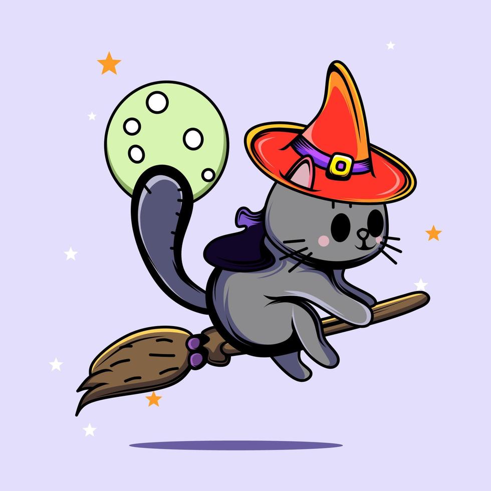 witch cat fly to moon vector