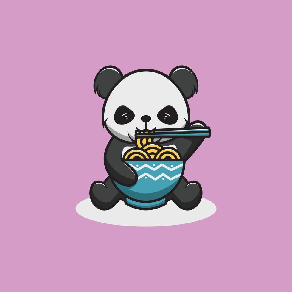 Cute panda eating ramen cartoon illustration vector