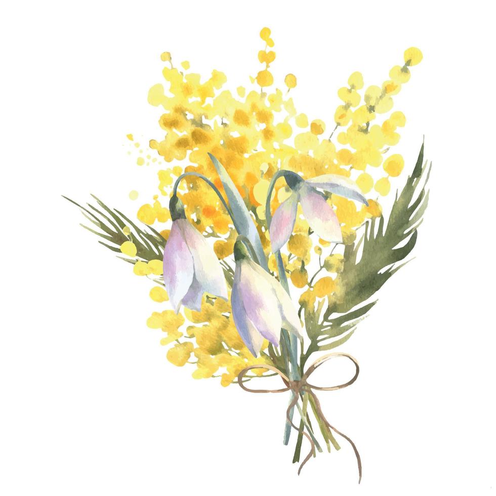 mimosa amarillo primavera flores y blanco campanillas ramo de flores con arco, acuarela vector mano dibujado ilustración aislado en blanco antecedentes