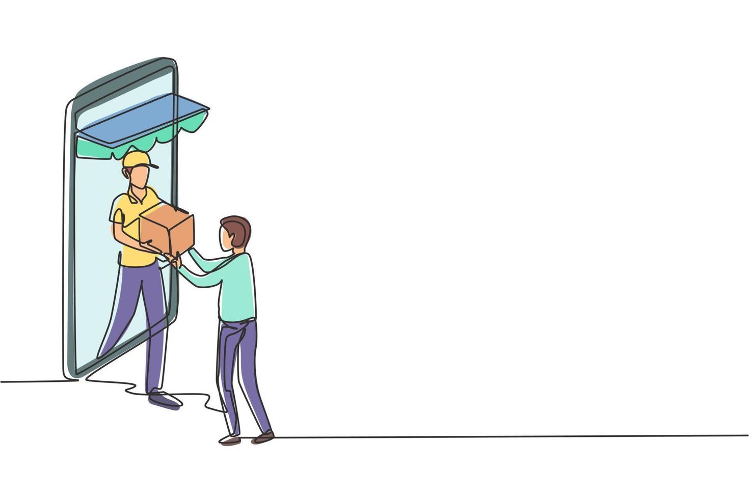 Continuous one line drawing male courier comes out of canopy giant smartphone screen and gives package box to male customer. Fast respond delivery. Single line draw design vector graphic illustration