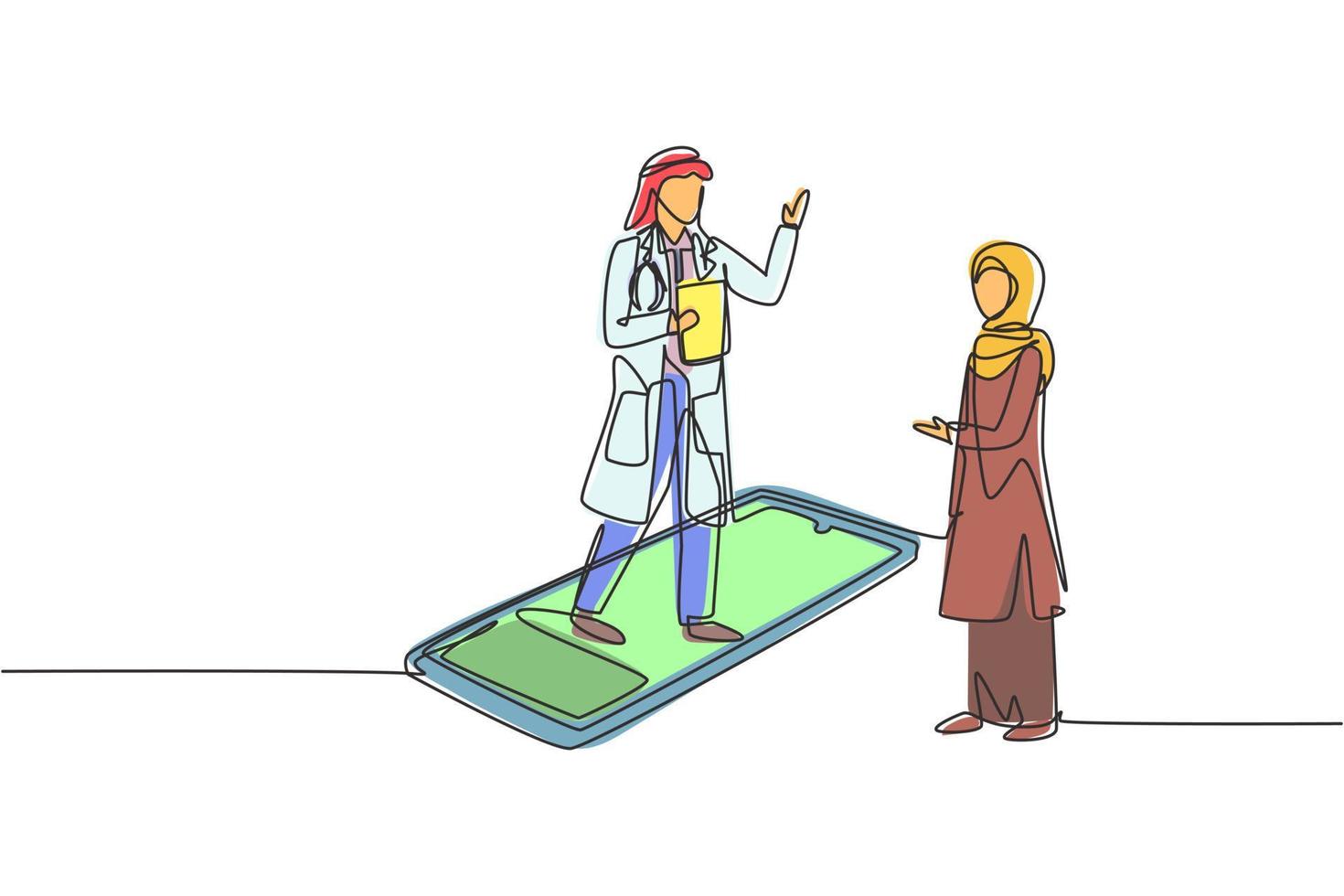 Single continuous line drawing Arab male doctor standing on smartphone, in front of his standing hijab female patient. Online medical services. Dynamic one line draw graphic design vector illustration