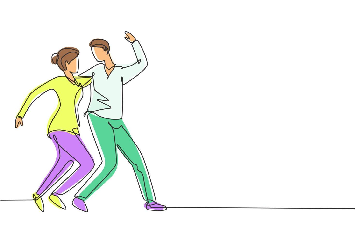 Single one line drawing people dancing salsa. Couples, man and woman in dance. Pairs of dancers with waltz tango and salsa styles moves. Modern continuous line draw design graphic vector illustration