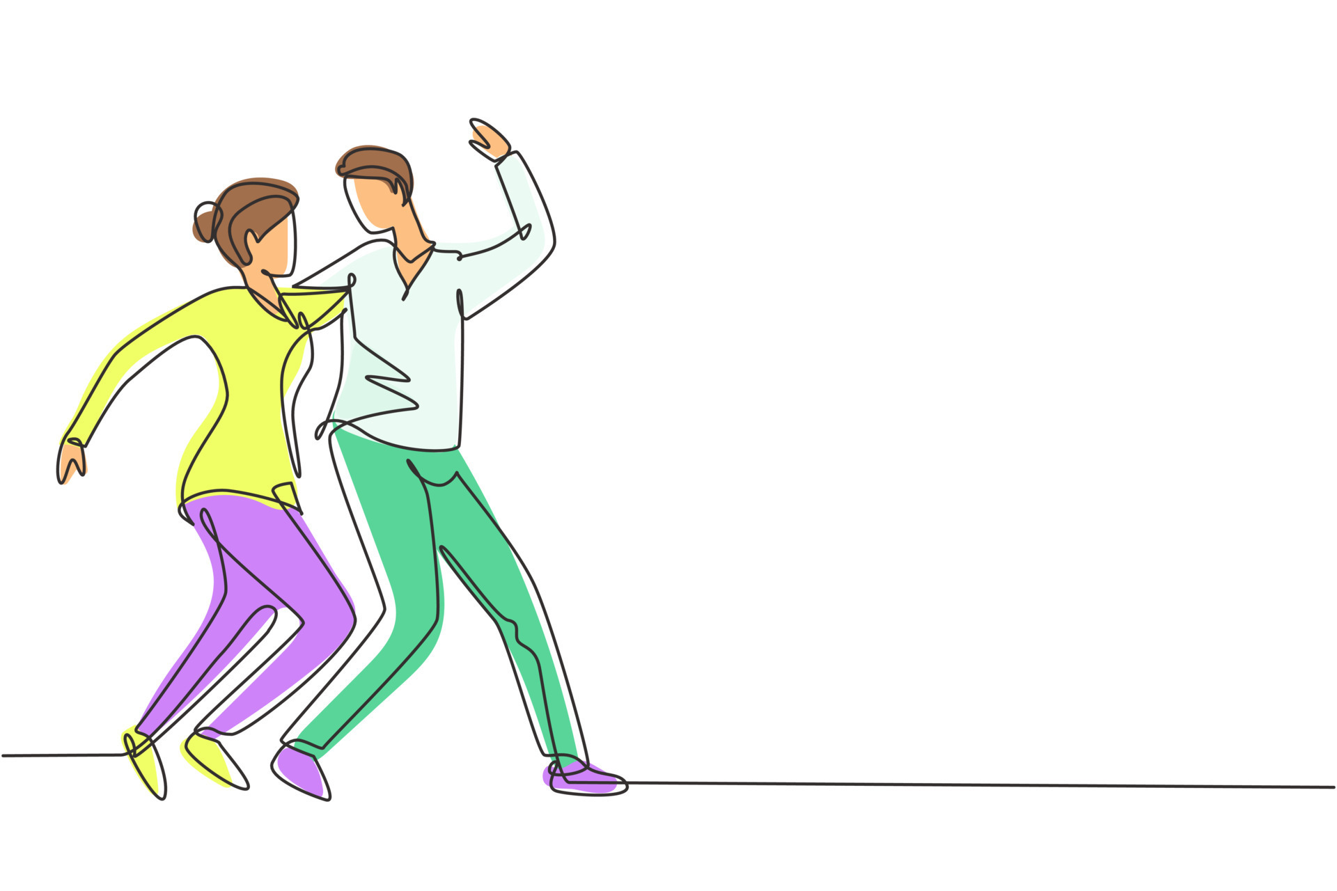 Single one line drawing people dancing salsa. Couples, man and woman in