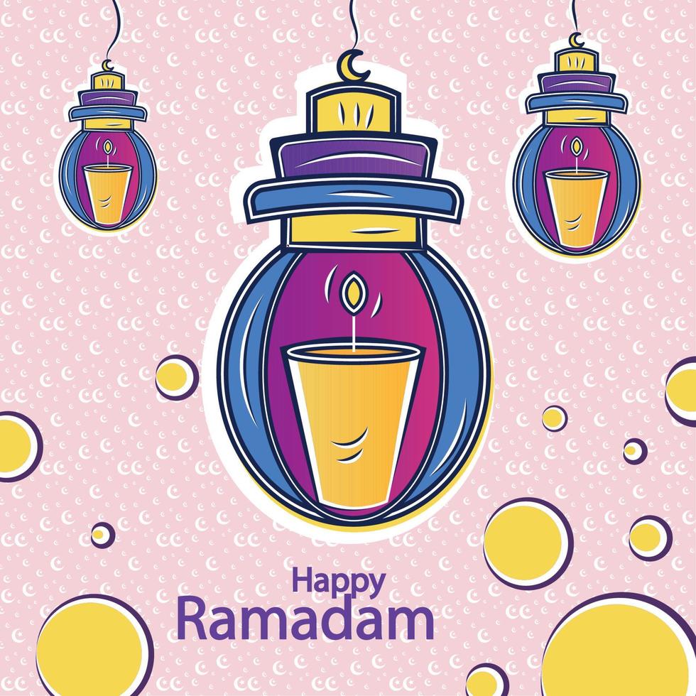 Happy ramadam kareem poster with lightbulbs and candle sketches Vector illustration