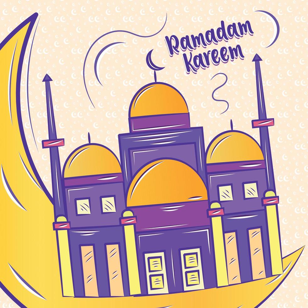 Colored ramadam kareem poster with sketch of mosque and moon Vector illustration