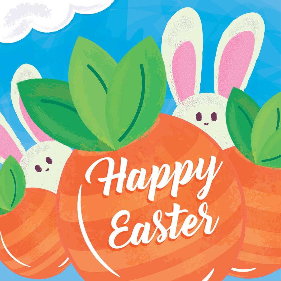 Happy easter poster with rabbit and round carrots Vector illustration