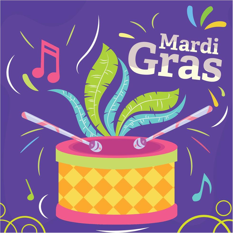 Colored mardi gras poster drum with feathers Vector illustration