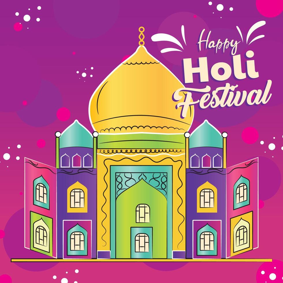 de colores holi festival póster con un hindú religioso edificio vector ilustración