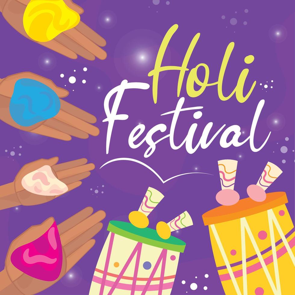 de colores holi festival póster con tambores y manos con polvo vector ilustración