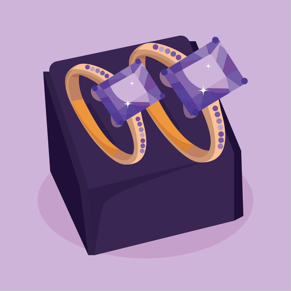 aislado par de anillos con piedra preciosa en presente caja vector ilustración