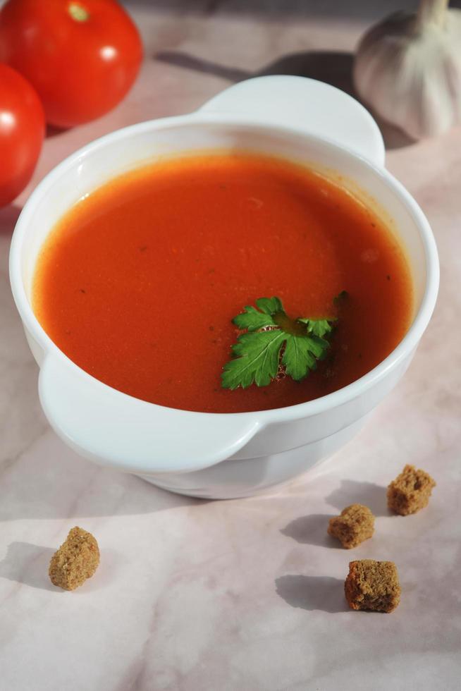 vertical still life from a plate with tomato soup, tomatoes, garlic and breadcrumbs photo