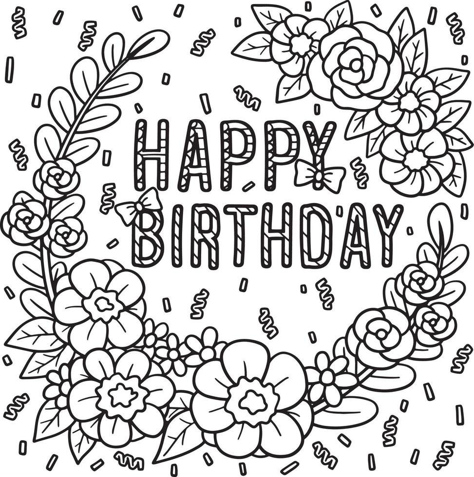 Happy Birthday with Flower Wreath Coloring Page vector