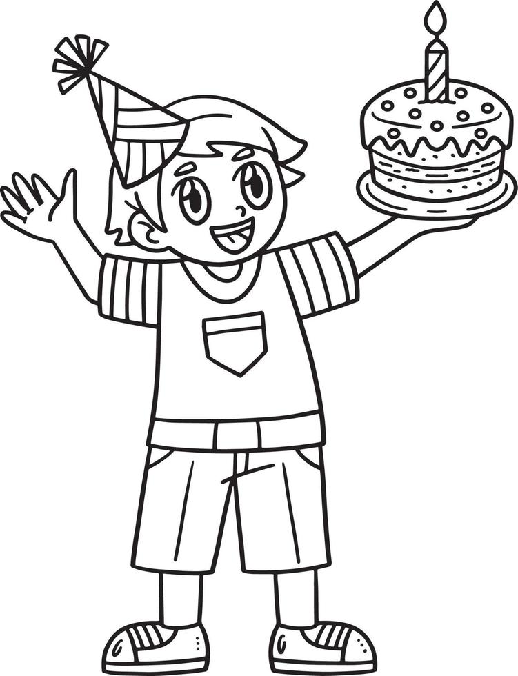 Birthday Boy Holding a Cake Isolated Coloring Page vector