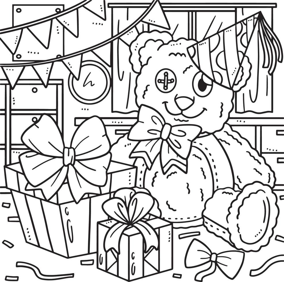 Teddy Bear with Birthday Gift Coloring Page vector
