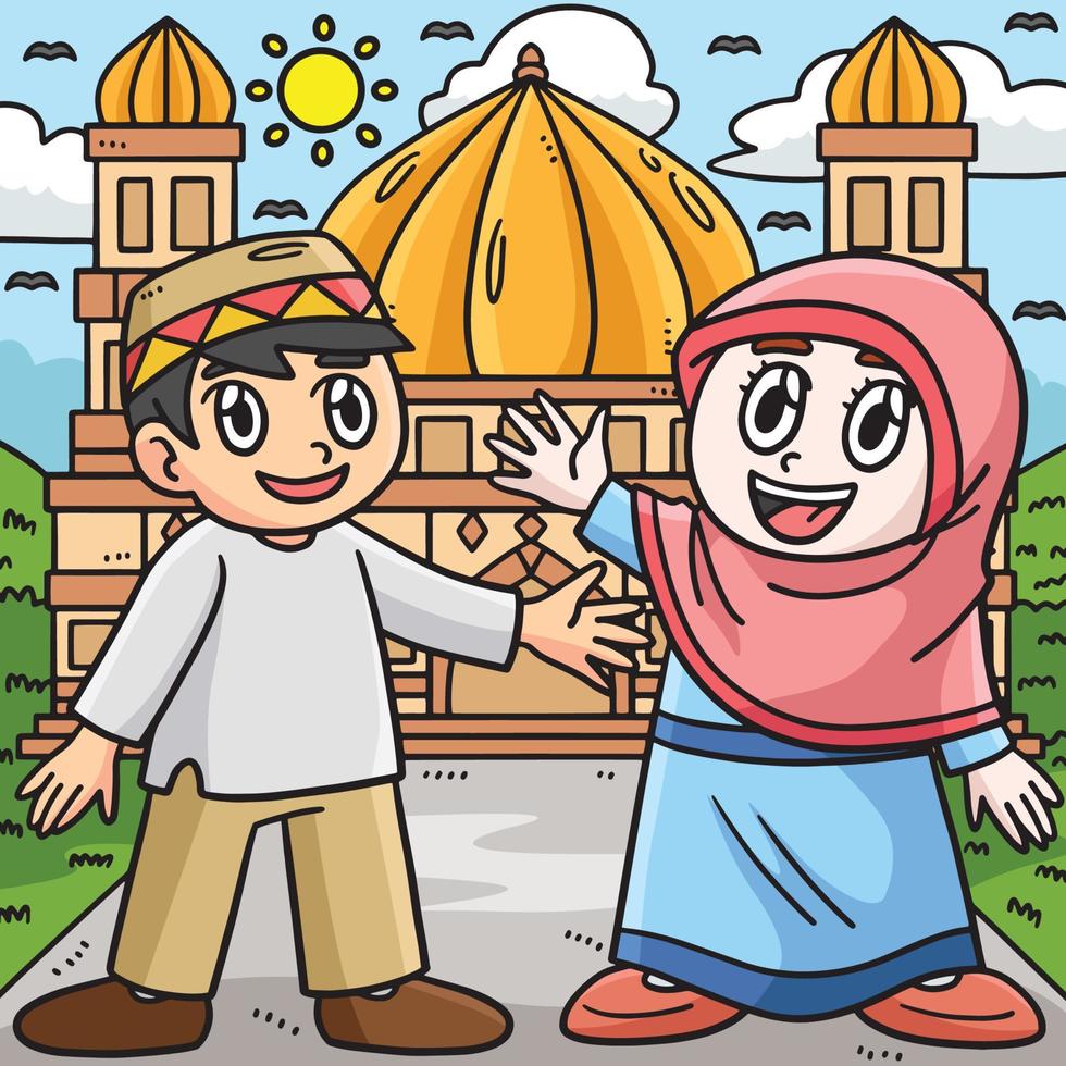 Ramadan Happy Muslim Kids Colored Cartoon vector