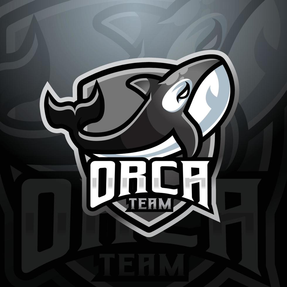 Orca killer Whale mascot logo design vector with modern illustration concept style for badge, emblem and tshirt printing. modern orca shield logo illustration for sport, gamer, esport team.