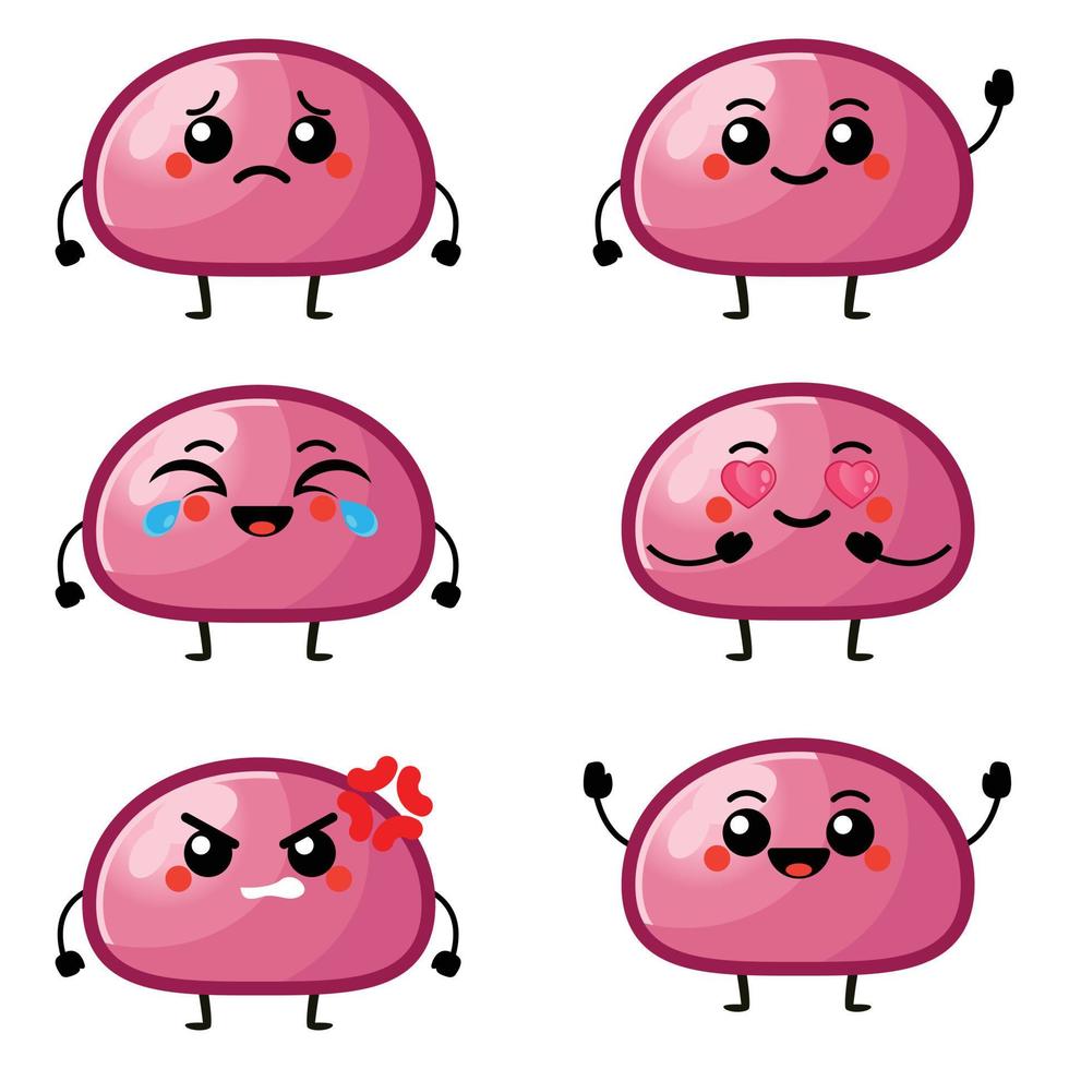 Vector illustration of kawaii cute mochi daifuku characters. set of characters. Emoticon, mascot, character of mochi, isolated object. Icon set illustration.