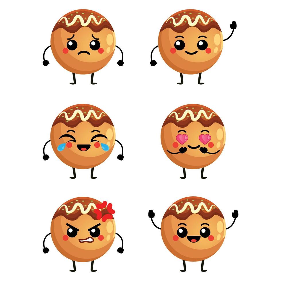 vector ilustración de kawaii linda takoyaki conjunto dibujos animados plano diseño caracteres. emoticono, mascota, personaje de takoyaki japonés bocadillo alimento, aislado objeto en blanco antecedentes. icono conjunto modelo.