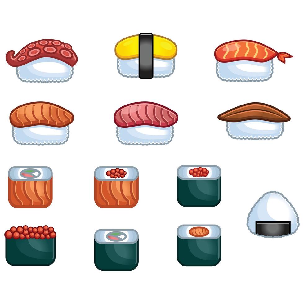 conjunto de diferente Sushi sashimi. diferente estilo de Sushi japonés alimento. icono conjunto ilustración. plano diseño dibujos animados vector ilustración recopilación. aislado en blanco antecedentes